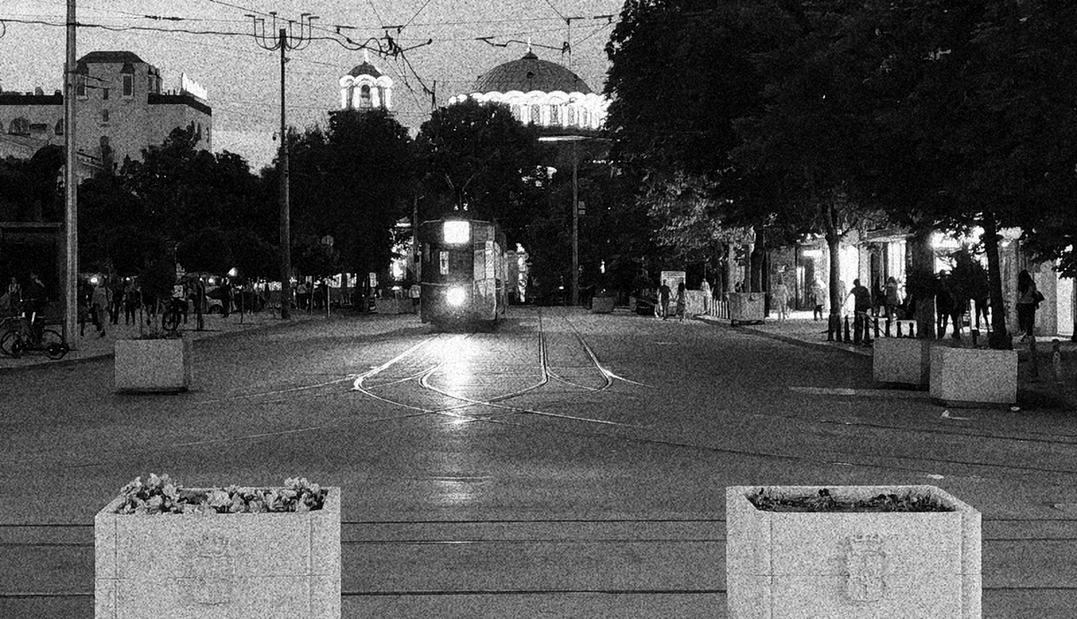 tram in city picture as a black and white photo
