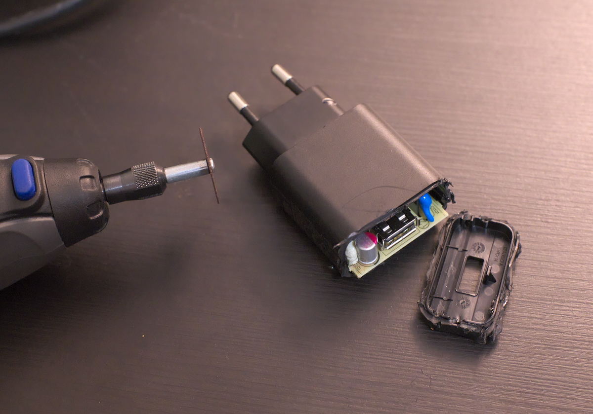 USB charger opened with a dremel